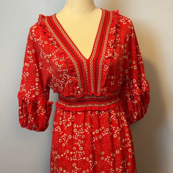 Max Studio Red Floral Tiered Ruffle V-Neck Blouson Sleeve Midi Dress XS Boho - Picture 2 of 7
